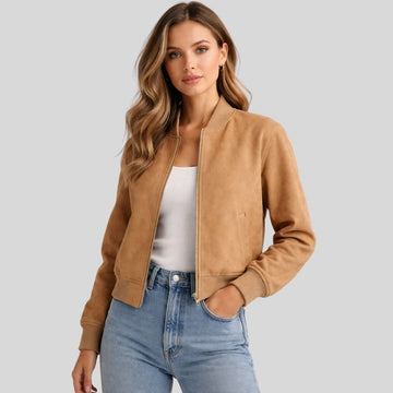 Damen Camel Goatsuede Bomberjacke – Slim Fit Velina