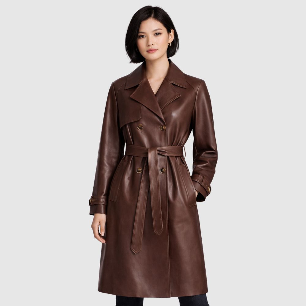 Damen Brauner Leder Trenchcoat – Gürtel
