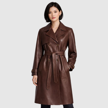 Damen Brauner Leder Trenchcoat – Gürtel