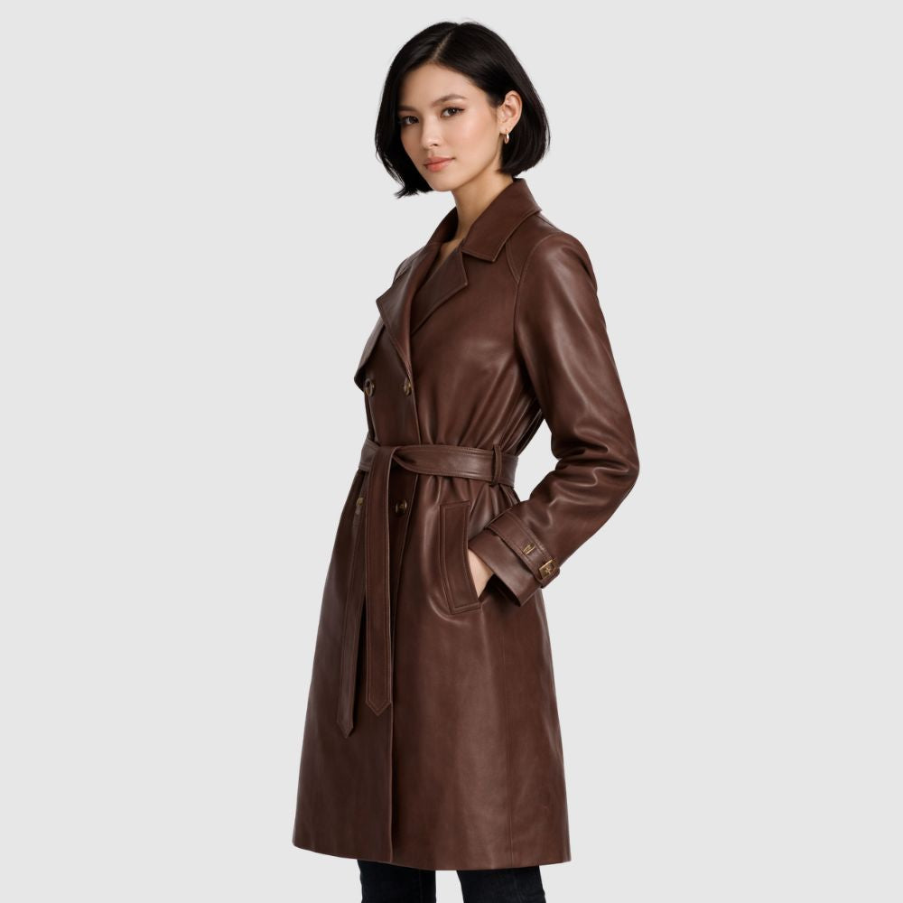Damen Brauner Leder Trenchcoat – Gürtel