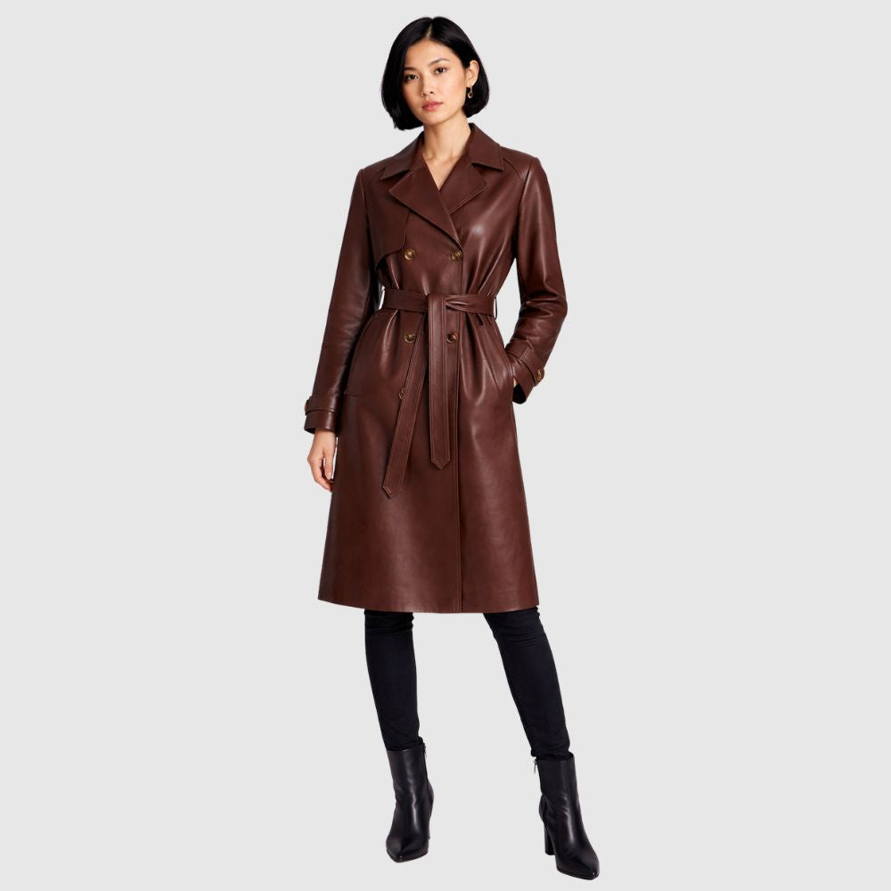 Damen Brauner Leder Trenchcoat – Gürtel
