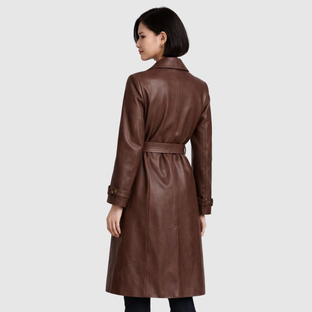 Damen Brauner Leder Trenchcoat – Gürtel