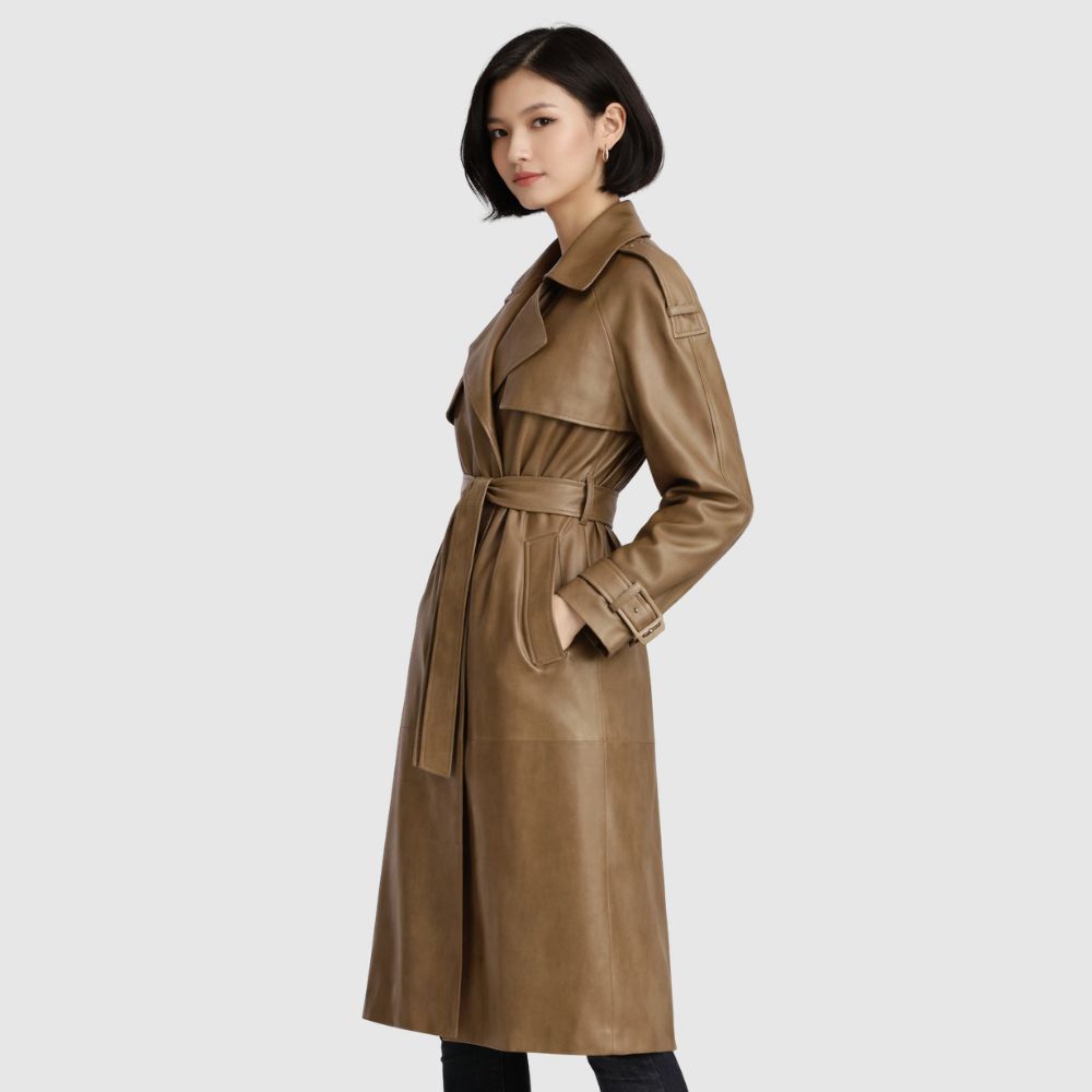 Damen Olivbrauner Leder Trenchcoat