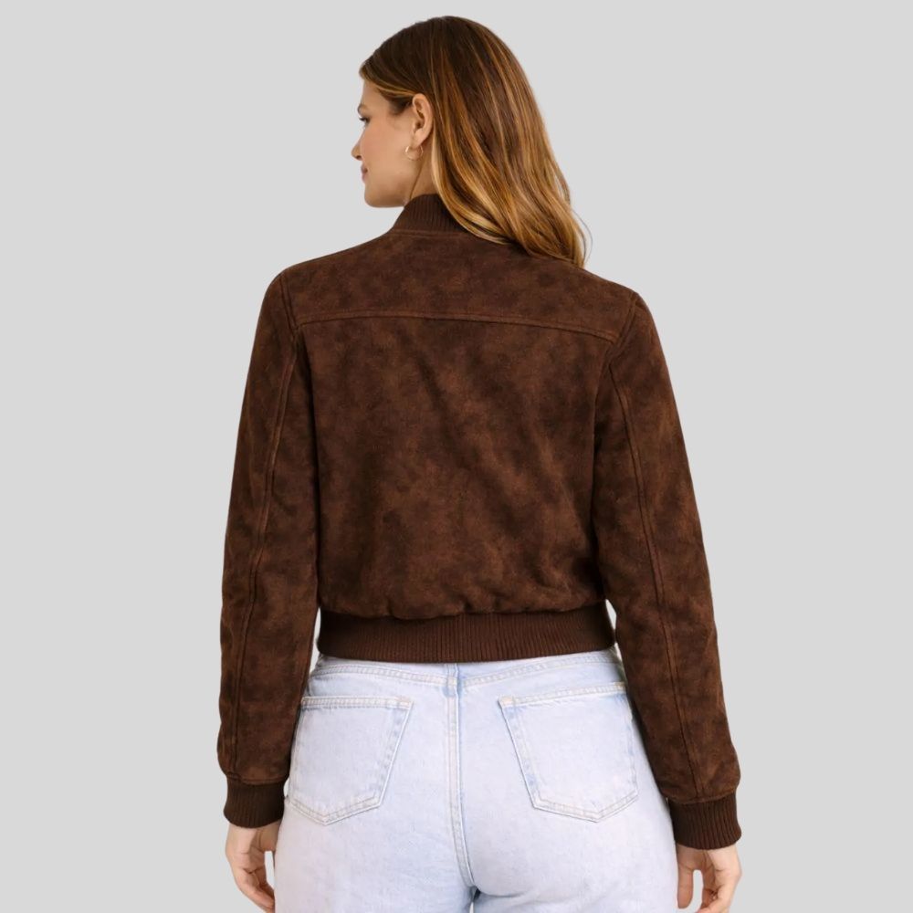 Damen Goatsuede Bomberjacke Dunkelbraun Cropped Fit Modern – CocoaMuse