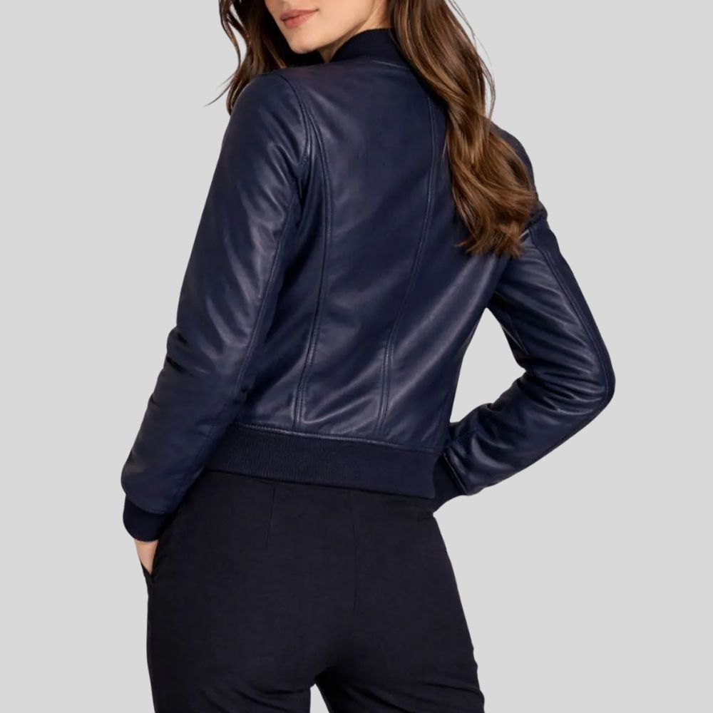 Damen Sheepskin Leder Bomberjacke Navy Blau – Tailored Fit Zip Jacket