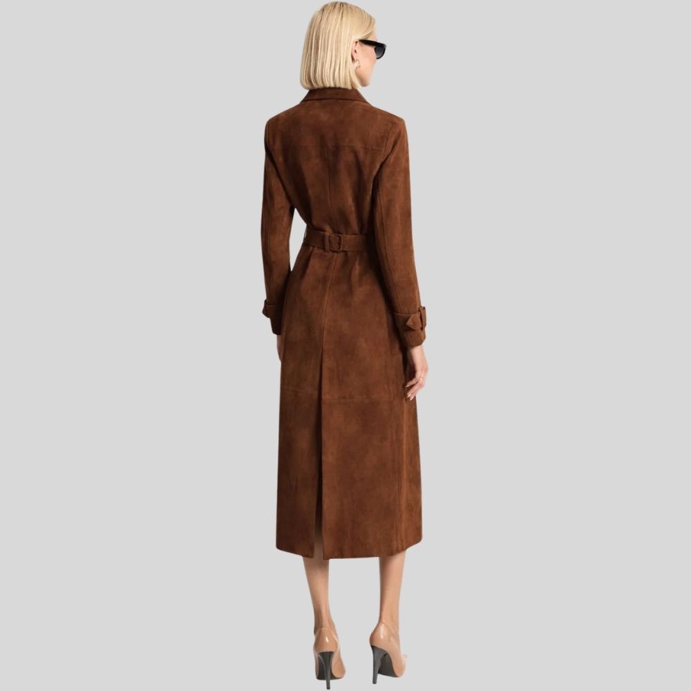 Damen Goatsuede Trenchcoat Braun – Taillierter Langmantel mit Gürtel
