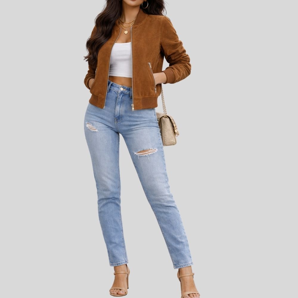 Damen Braun Goatsuede Bomberjacke – Slim Fit Arlina