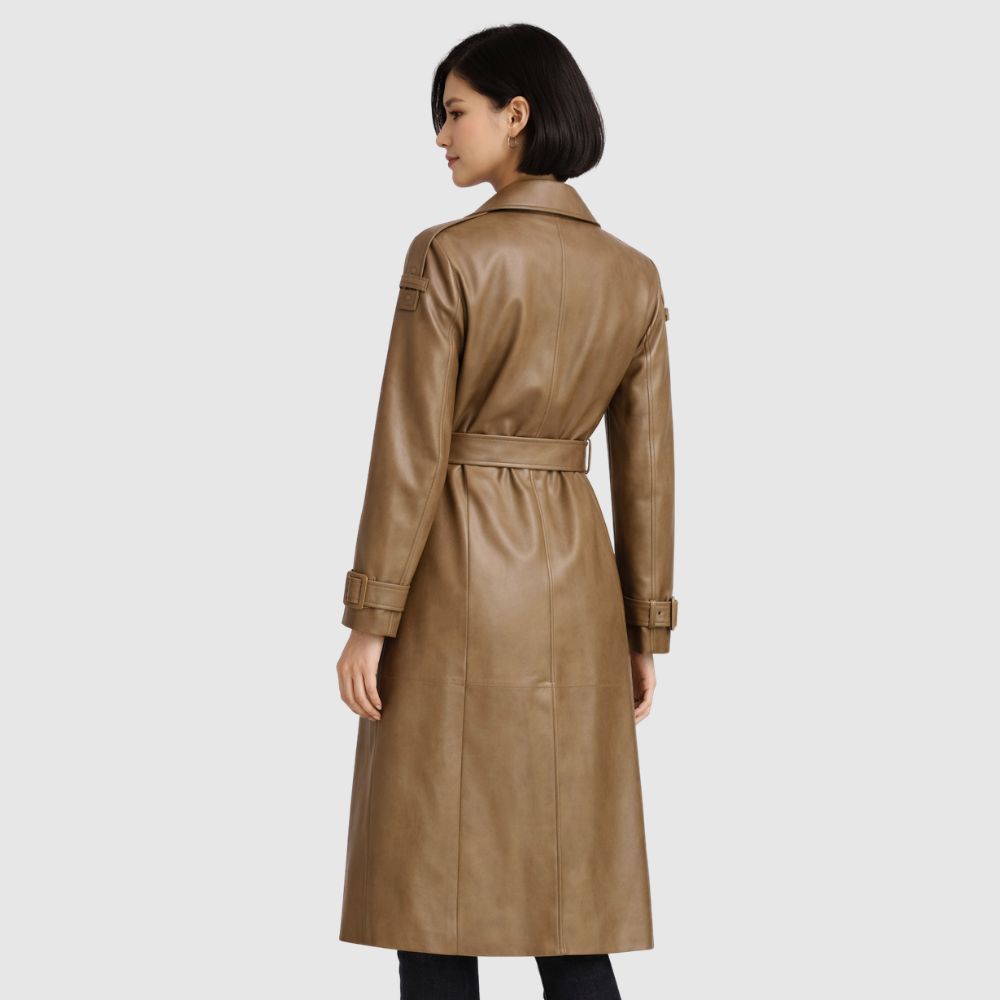 Damen Olivbrauner Leder Trenchcoat