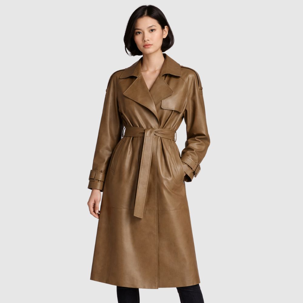 Damen Olivbrauner Leder Trenchcoat