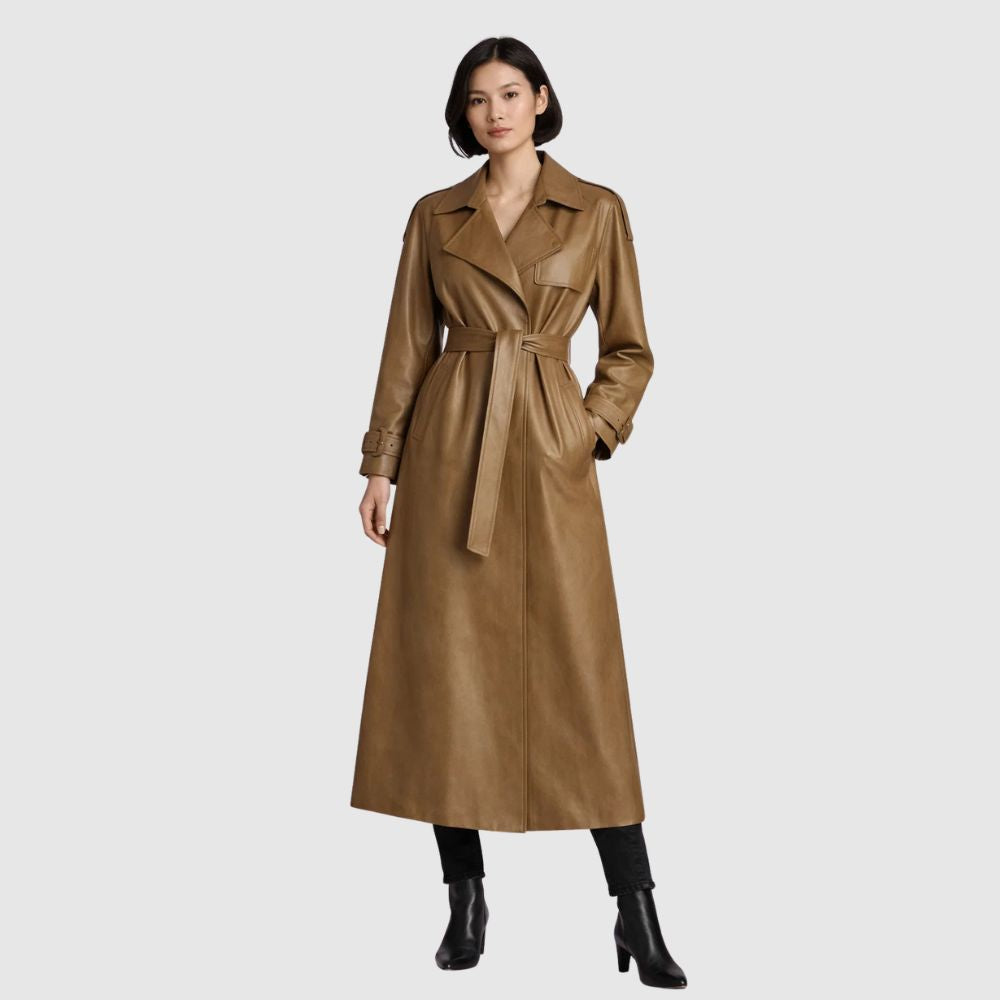 Damen Olivbrauner Leder Trenchcoat