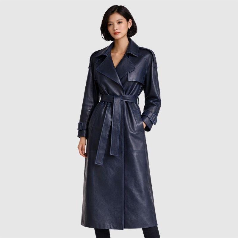 Damen Marineblauer -Schaffellleder Trenchcoat