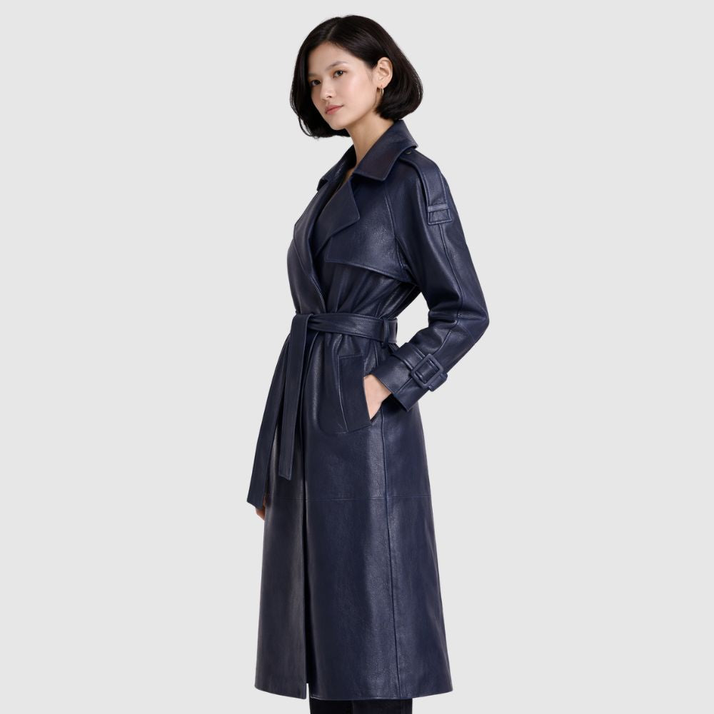 Damen Marineblauer -Schaffellleder Trenchcoat