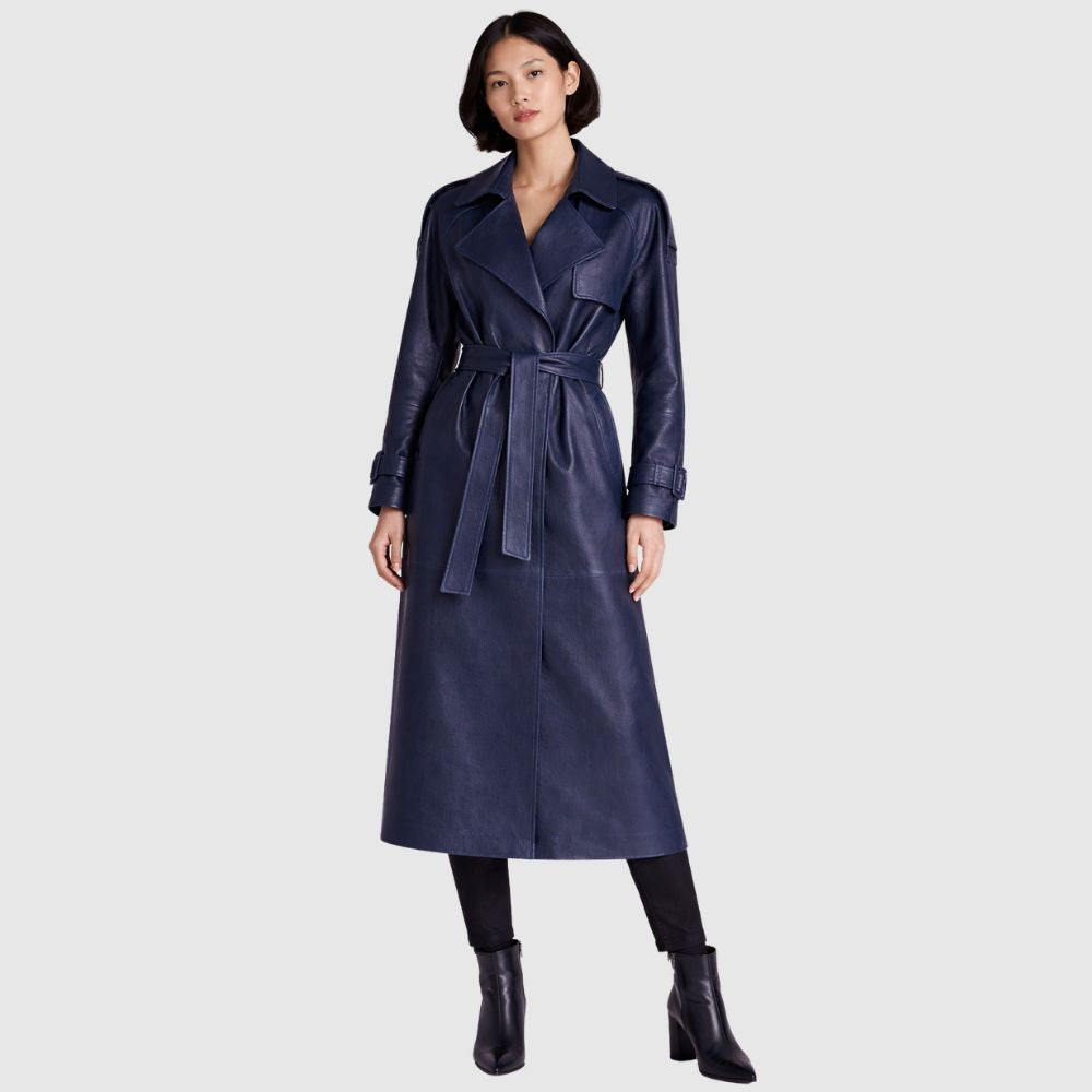 Damen Marineblauer -Schaffellleder Trenchcoat