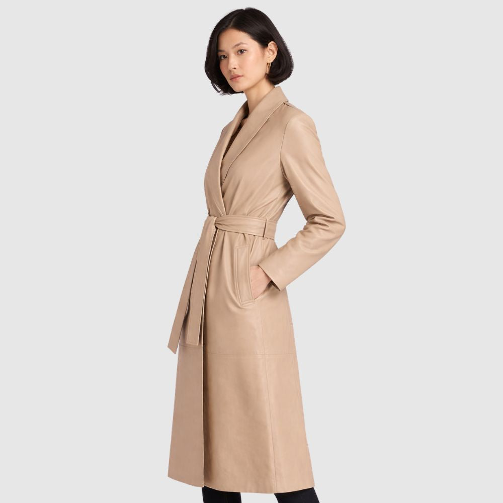 Damen Beige Leder Trenchcoat – Gürtel