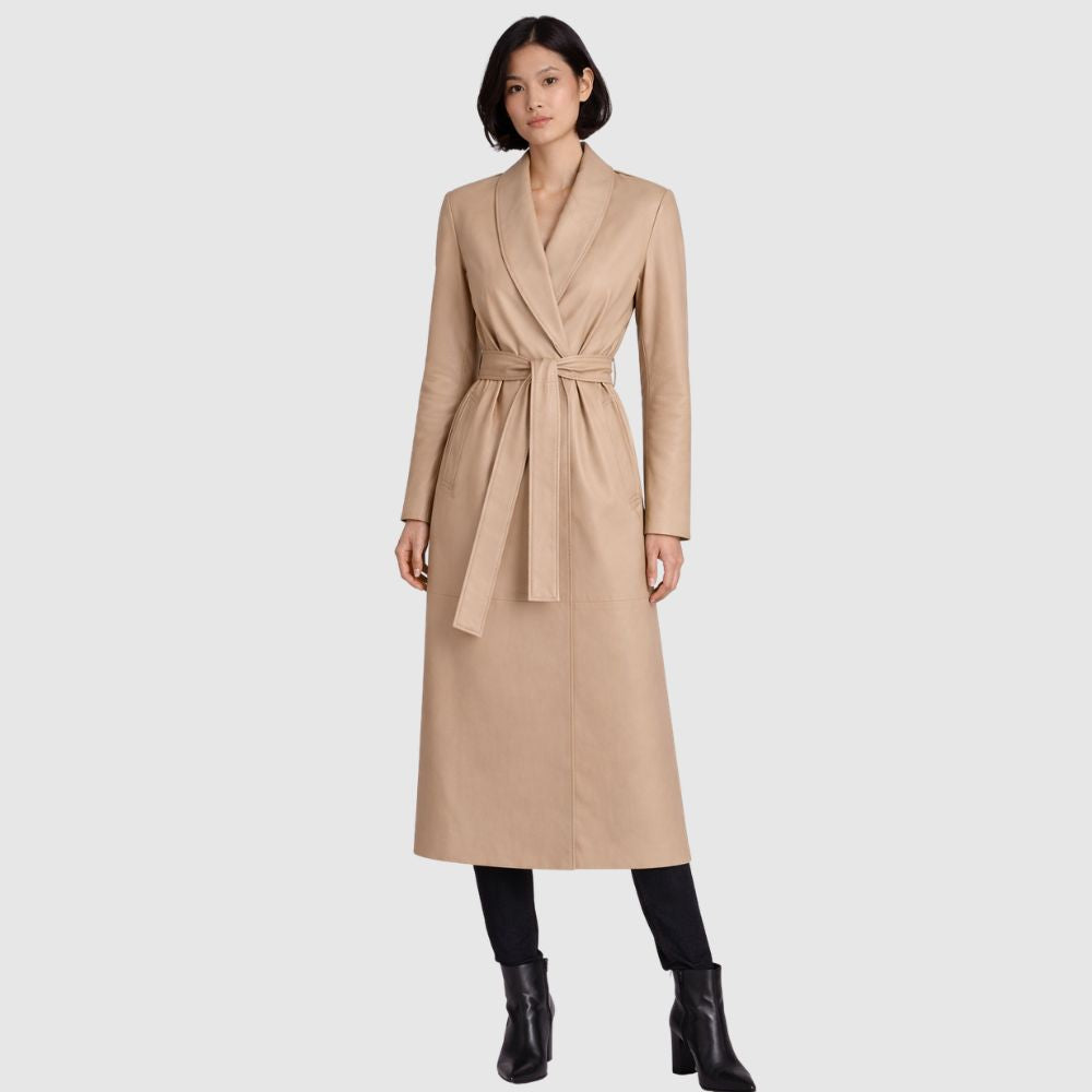 Damen Beige Leder Trenchcoat – Gürtel