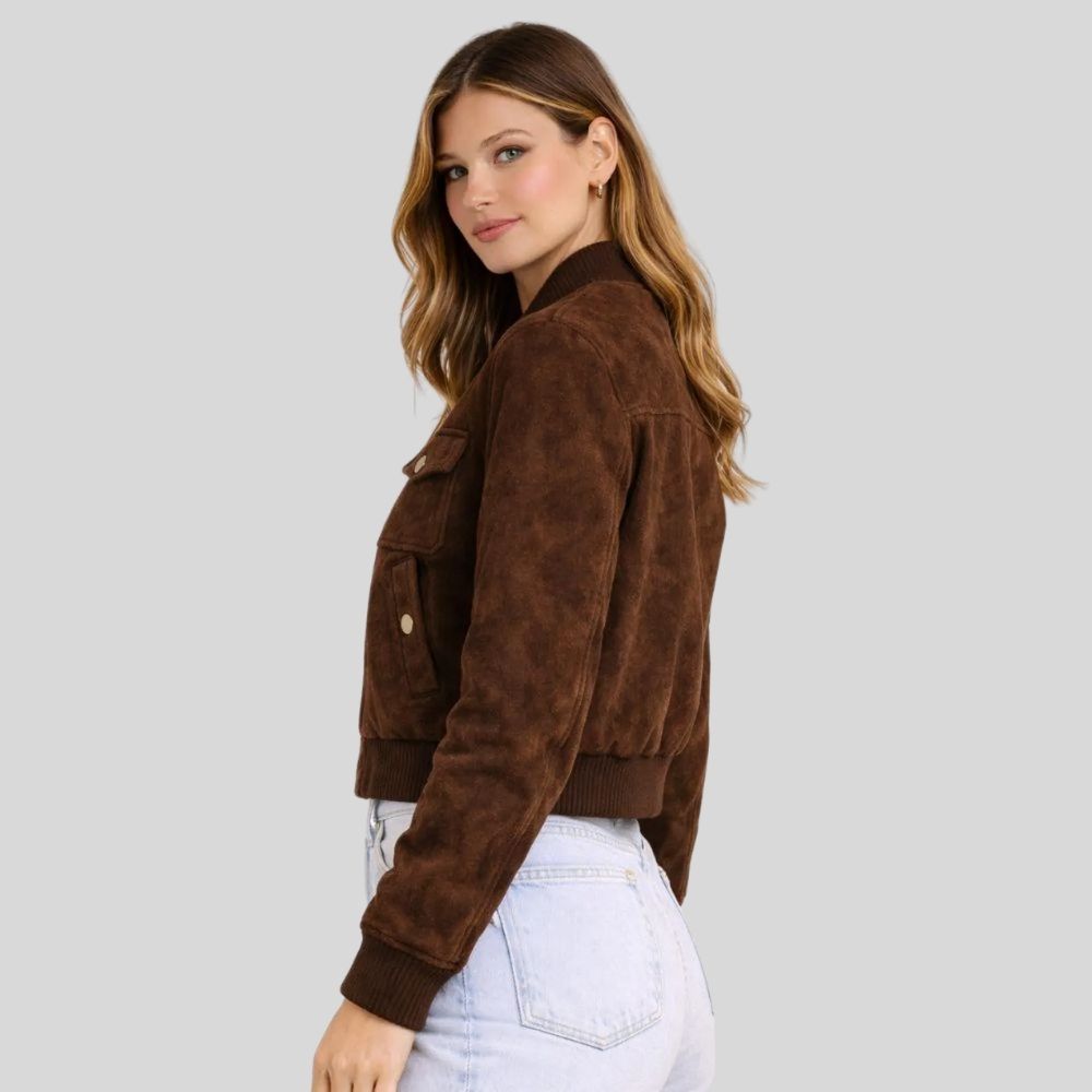 Damen Goatsuede Bomberjacke Dunkelbraun Cropped Fit Modern – CocoaMuse