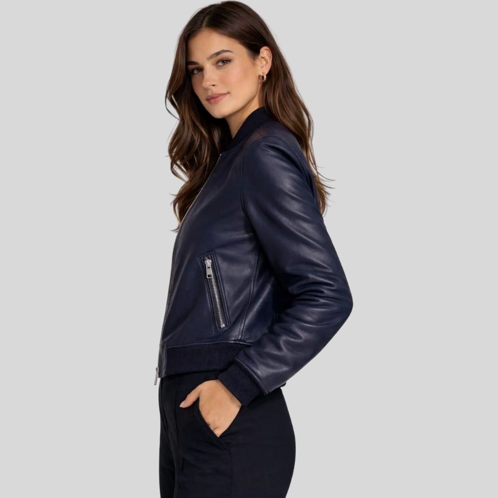 Damen Sheepskin Leder Bomberjacke Navy Blau – Tailored Fit Zip Jacket