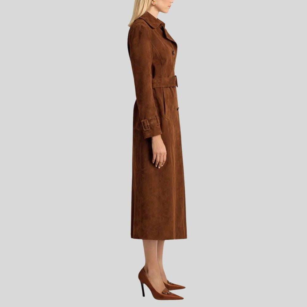 Damen Goatsuede Trenchcoat Braun – Taillierter Langmantel mit Gürtel
