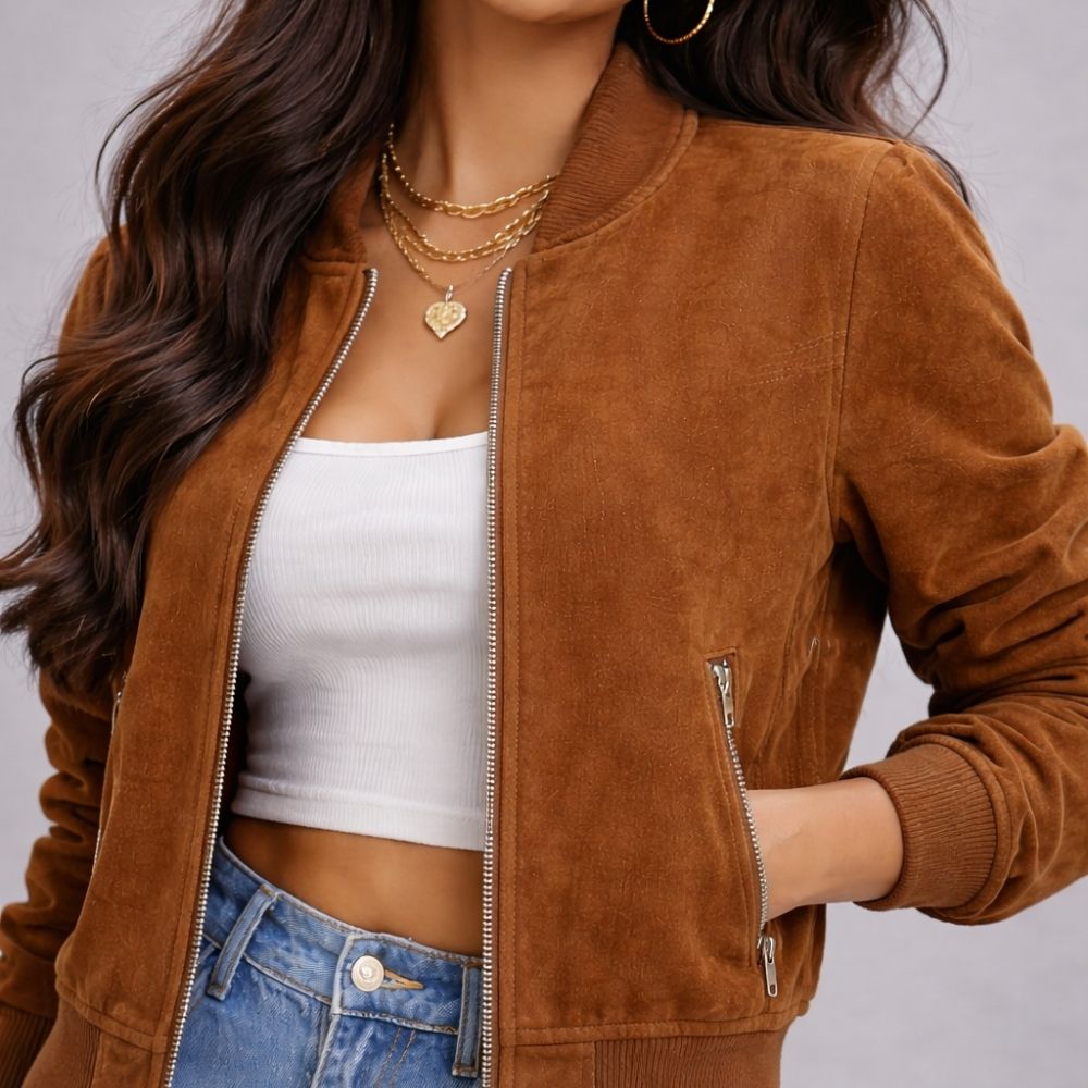 Damen Braun Goatsuede Bomberjacke – Slim Fit Arlina
