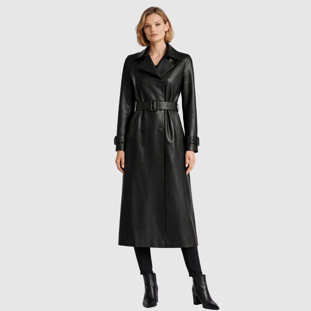 Damen Schwarzer Leder Mantel – Gürtel
