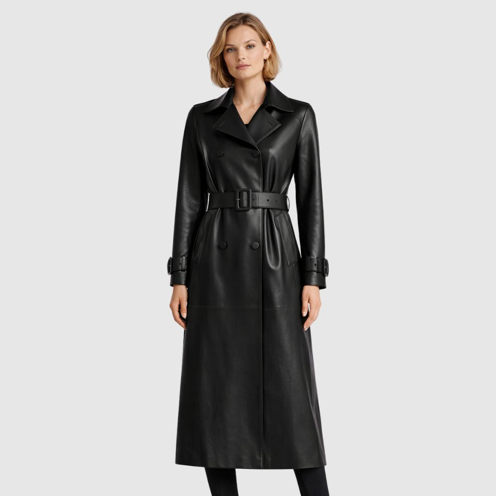 Damen Schwarzer Leder Mantel – Gürtel
