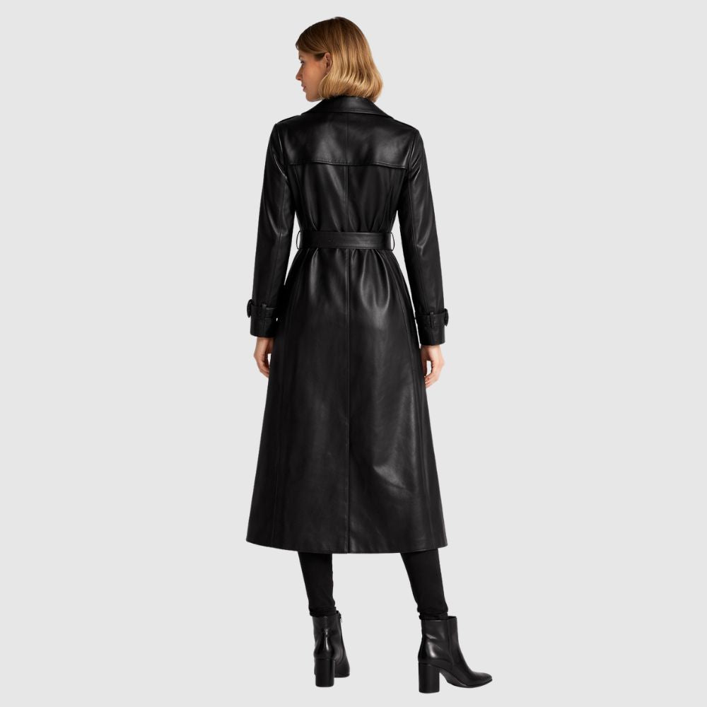 Damen Schwarzer Leder Mantel – Gürtel