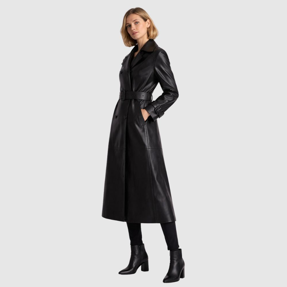 Damen Schwarzer Leder Mantel – Gürtel