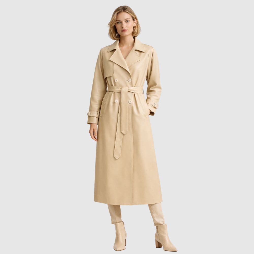 Beiger Leder Trenchcoat Damen – Schaffell Gürtelmantel