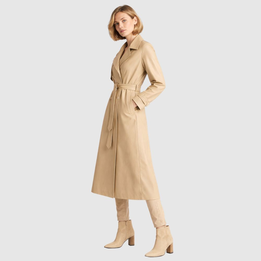 Beiger Leder Trenchcoat Damen – Schaffell Gürtelmantel
