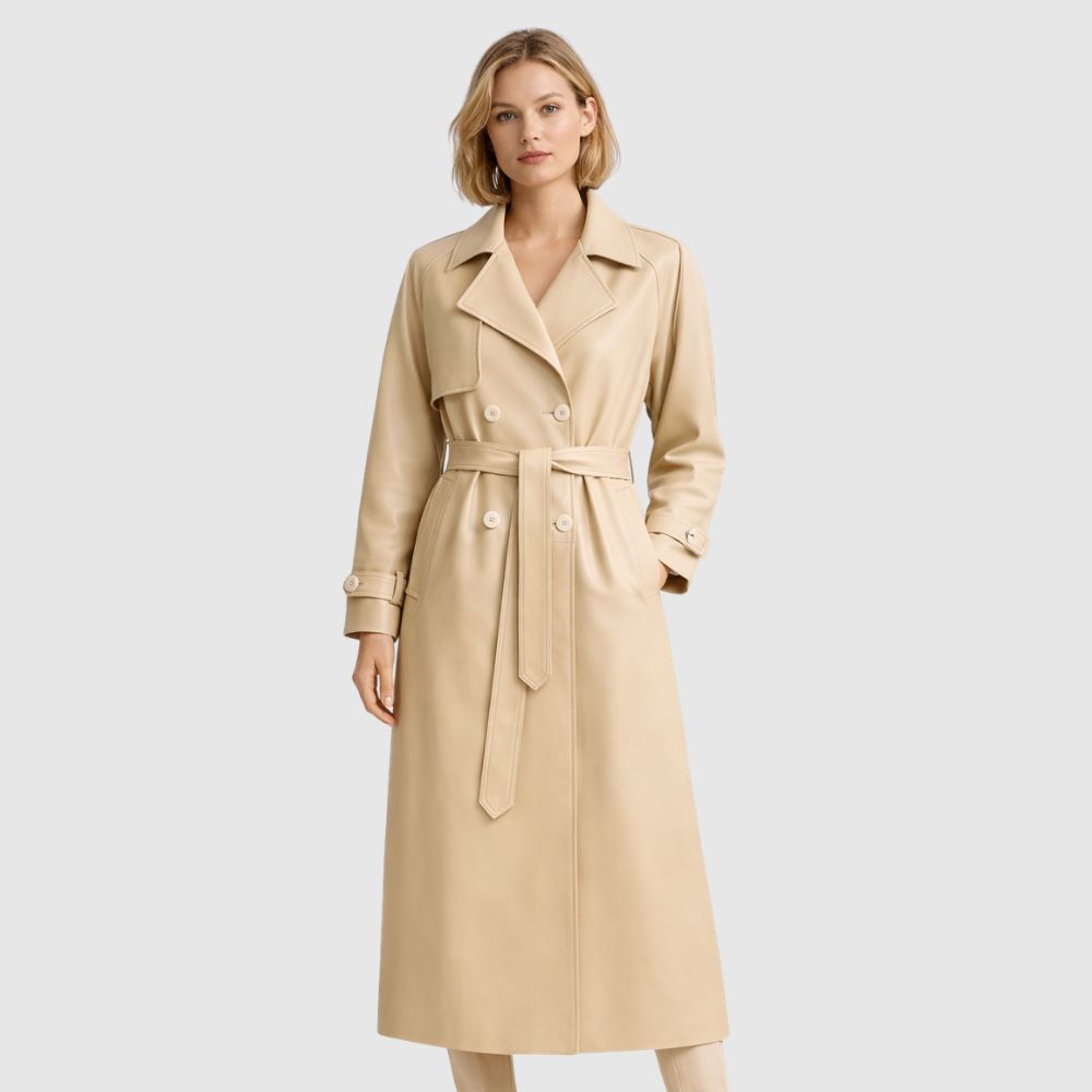 Beiger Leder Trenchcoat Damen – Schaffell Gürtelmantel