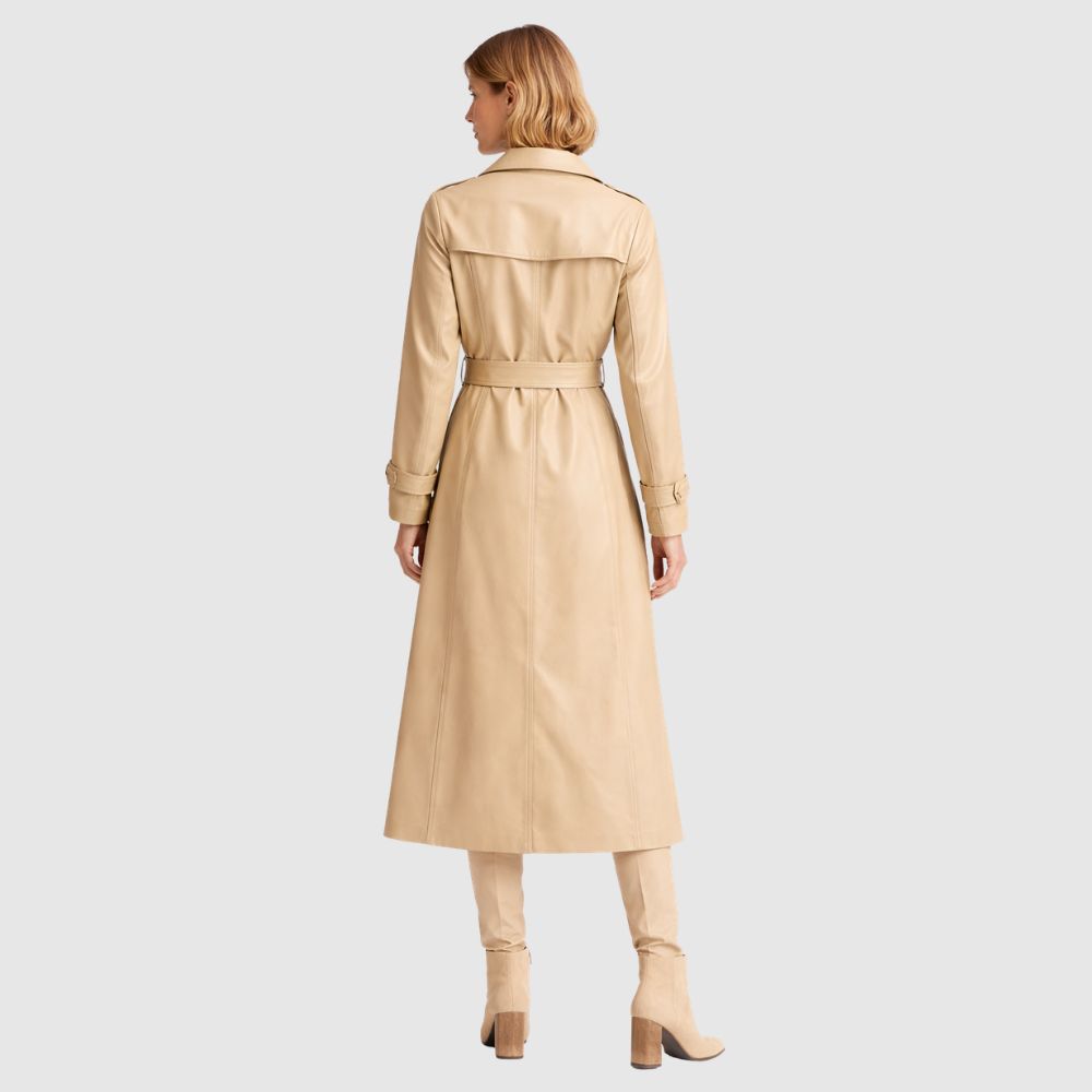 Beiger Leder Trenchcoat Damen – Schaffell Gürtelmantel