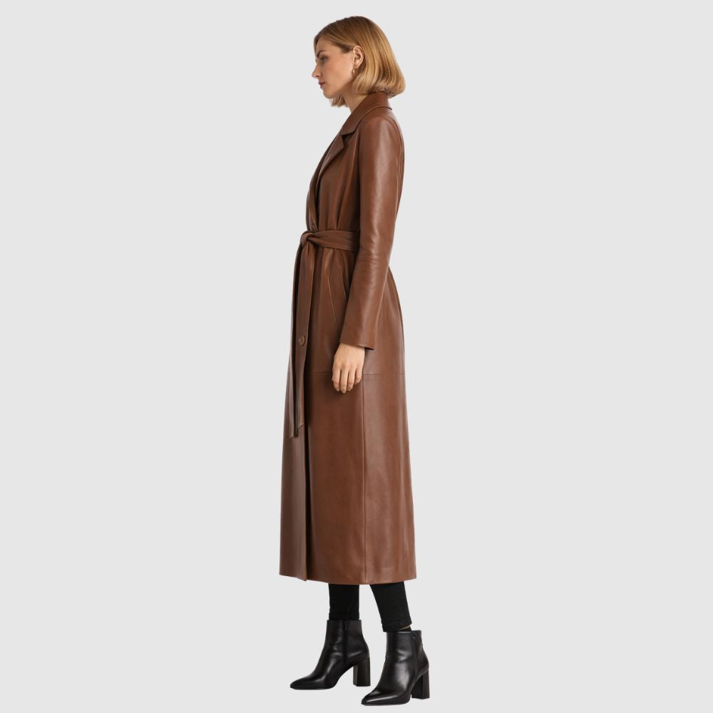 Damen Brauner Leder Trenchcoat – Knopfverschluss