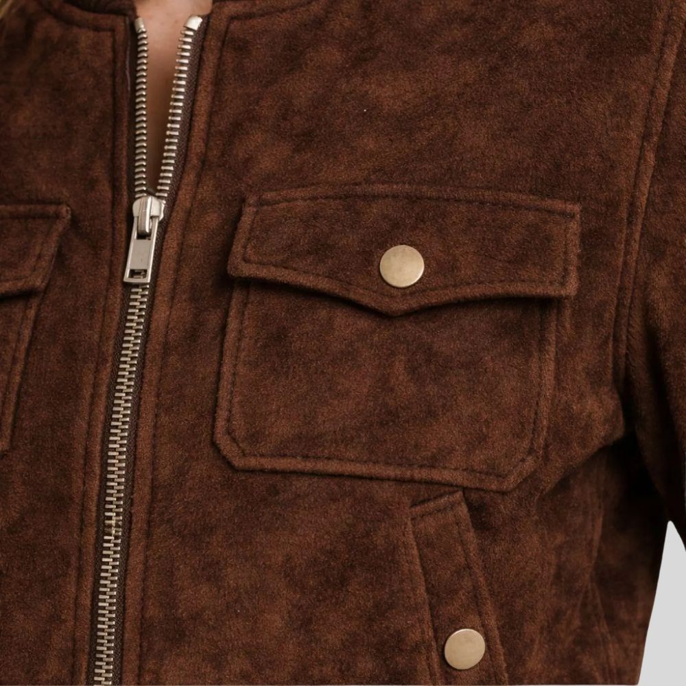 Damen Goatsuede Bomberjacke Dunkelbraun Cropped Fit Modern – CocoaMuse