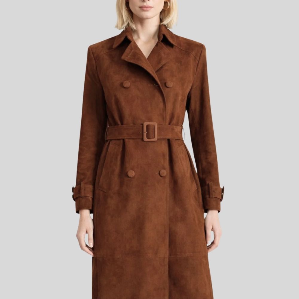 Damen Goatsuede Trenchcoat Braun – Taillierter Langmantel mit Gürtel