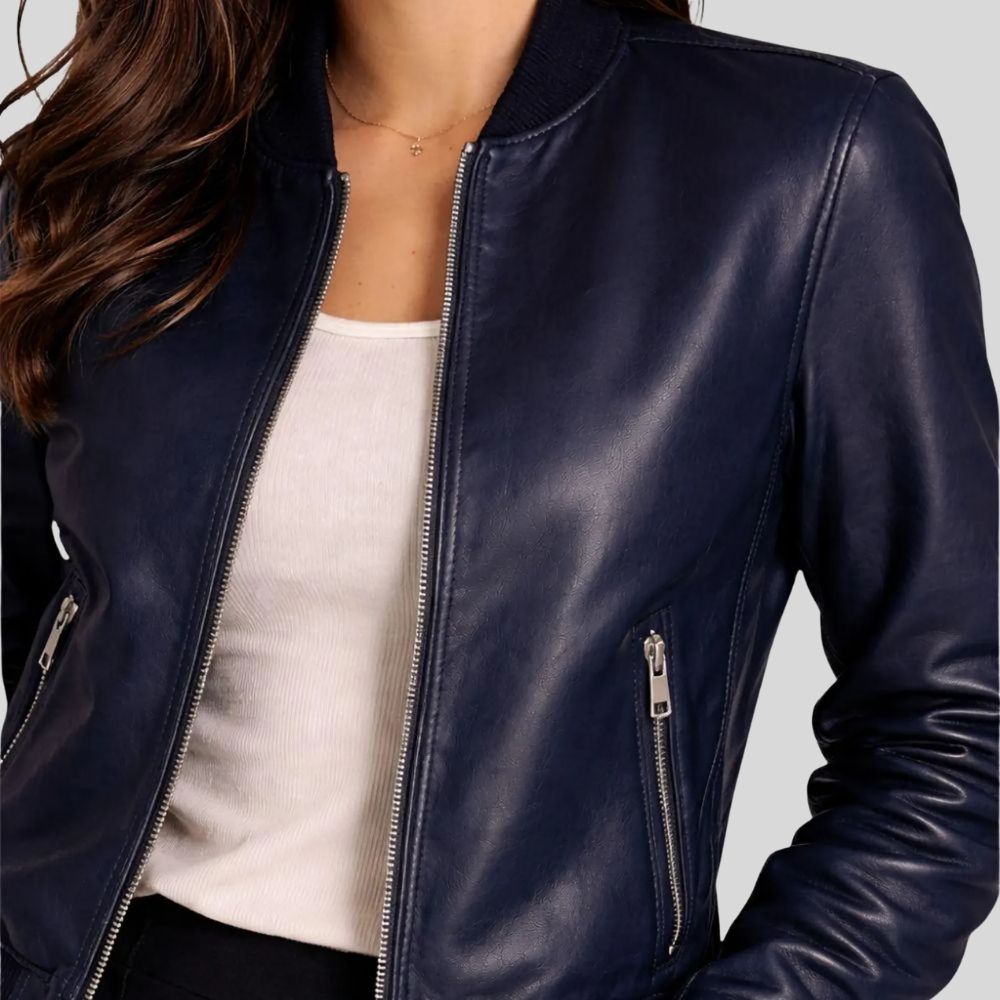 Damen Sheepskin Leder Bomberjacke Navy Blau – Tailored Fit Zip Jacket