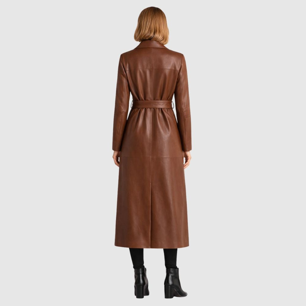 Damen Brauner Leder Trenchcoat – Knopfverschluss