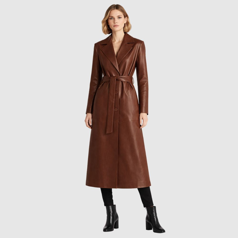Damen Brauner Leder Trenchcoat – Knopfverschluss