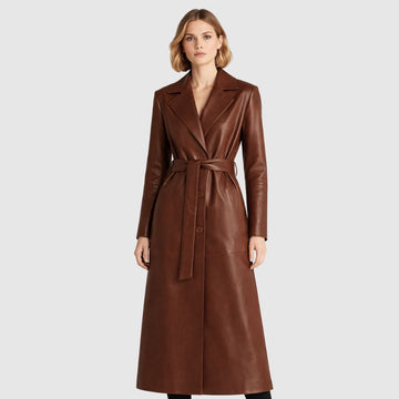 Damen Brauner Leder Trenchcoat – Knopfverschluss