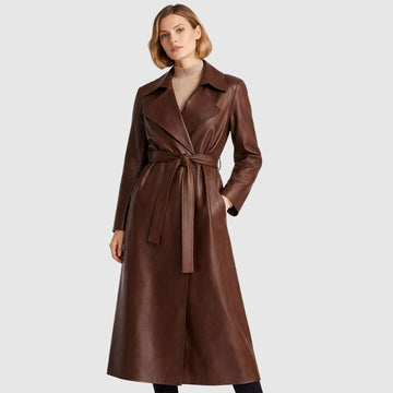 Damen Brauner Leder Trenchcoat – Gürtel