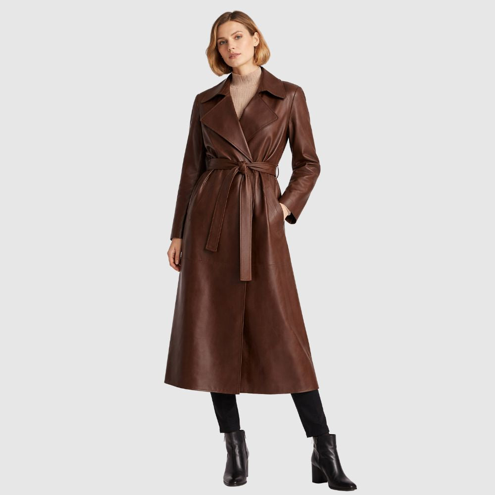Damen Brauner Leder Trenchcoat – Gürtel