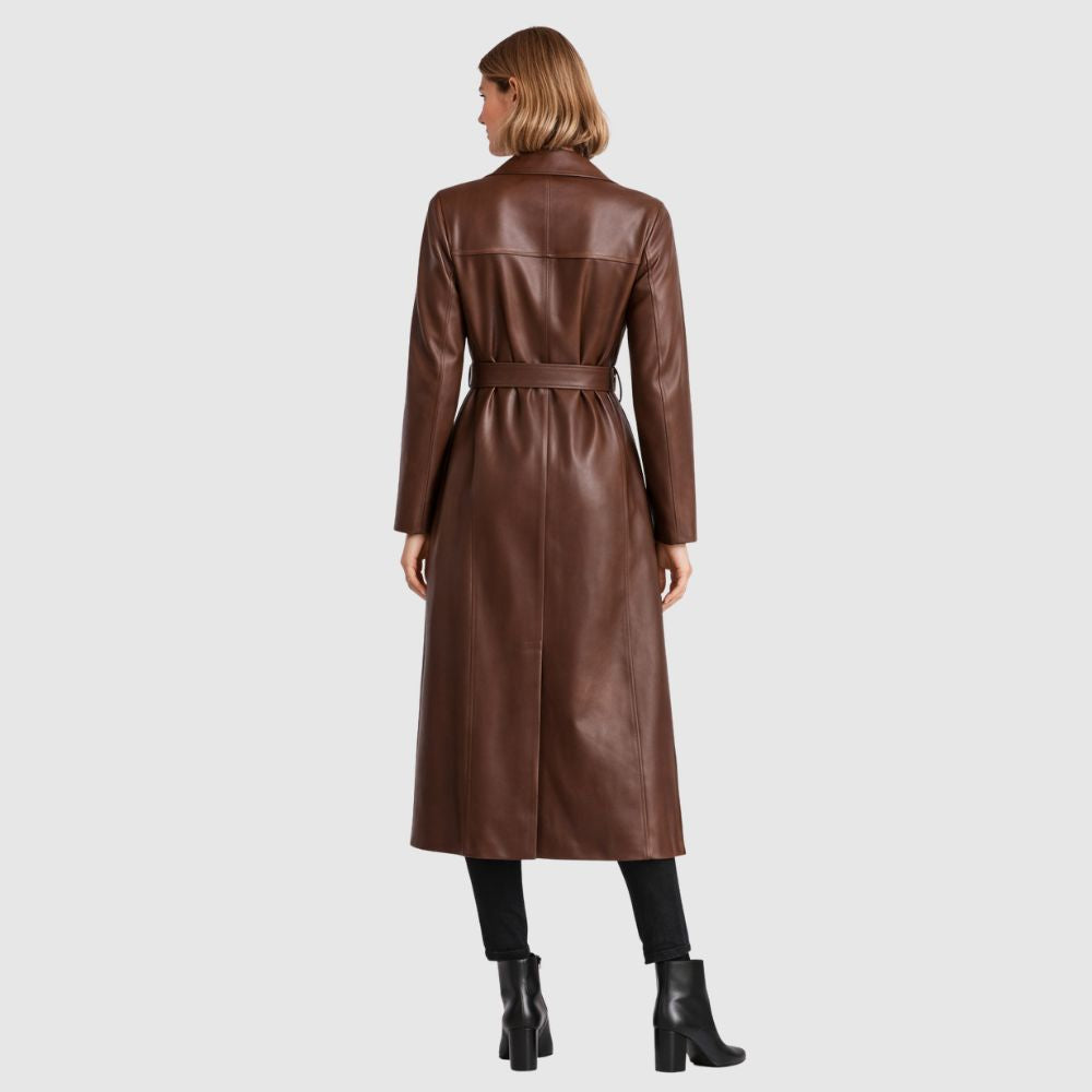 Damen Brauner Leder Trenchcoat – Gürtel