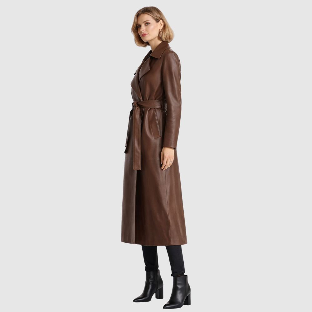 Damen Brauner Leder Trenchcoat – Gürtel