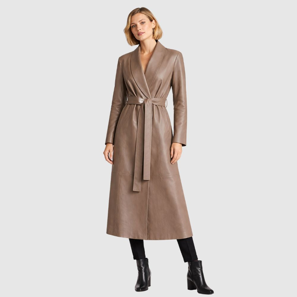 Damen Taupe Leder Trenchcoat – Gürtel