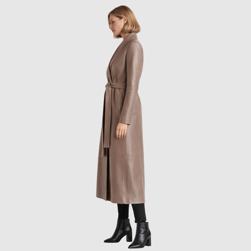 Damen Taupe Leder Trenchcoat – Gürtel