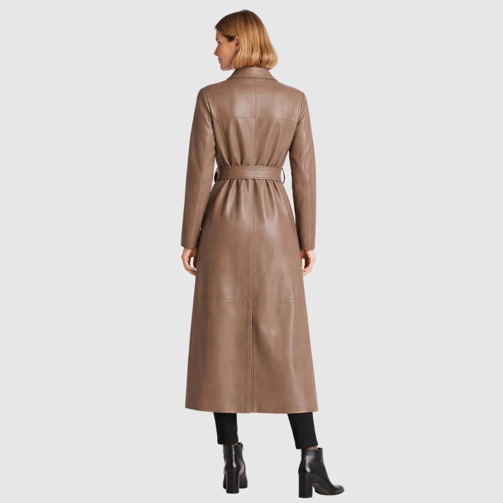 Damen Taupe Leder Trenchcoat – Gürtel
