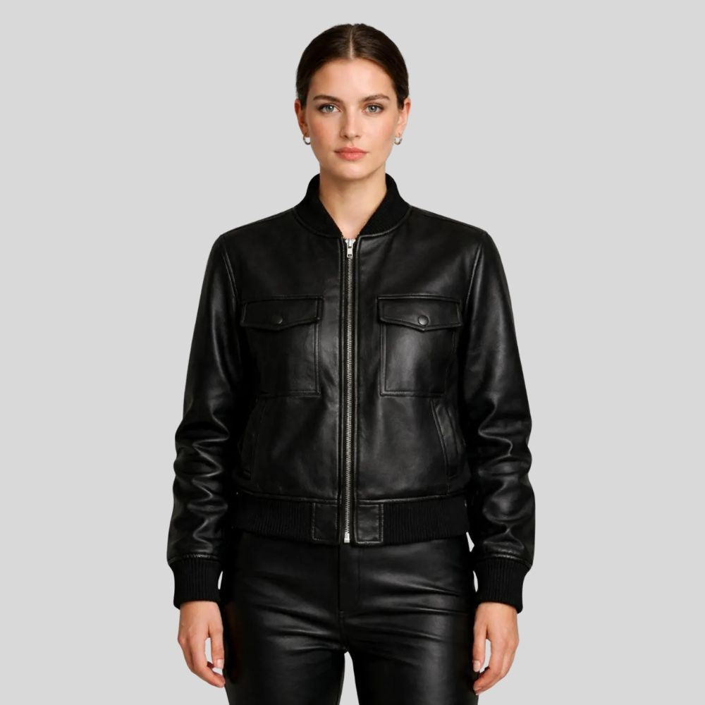 Damen Sheepskin Leder Bomberjacke Schwarz – Utility Tailored Fit Jacket