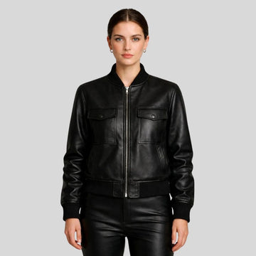Damen Sheepskin Leder Bomberjacke Schwarz – Utility Tailored Fit Jacket
