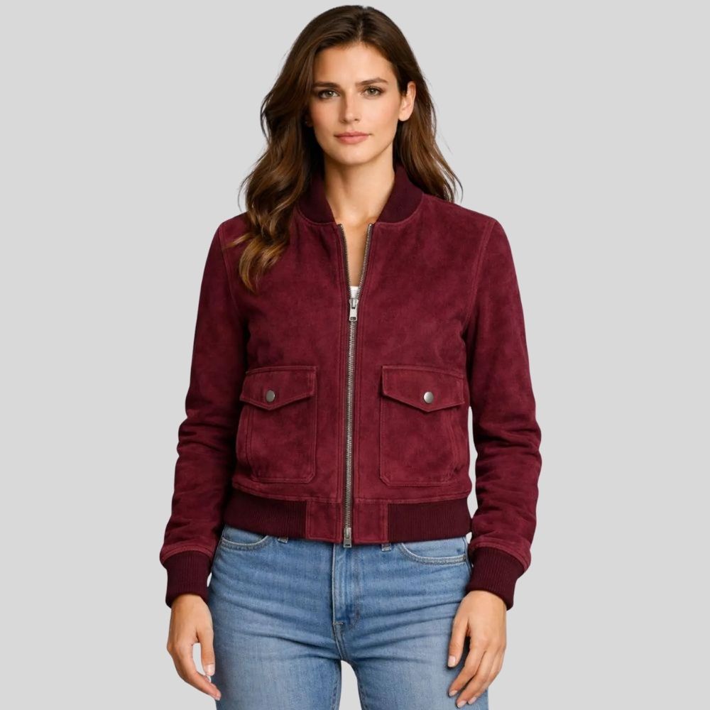 Damen Goatsuede Bomberjacke Burgunder Cropped Fit Modern – RougeVibe