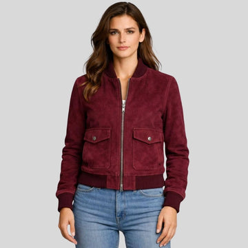 Damen Goatsuede Bomberjacke Burgunder Cropped Fit Modern – RougeVibe