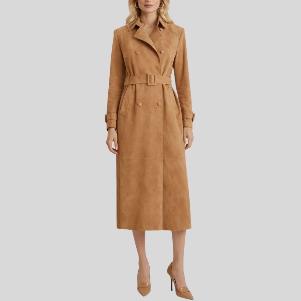 Damen Goatsuede Trenchcoat Camel – Taillierter Langmantel mit Gürtel